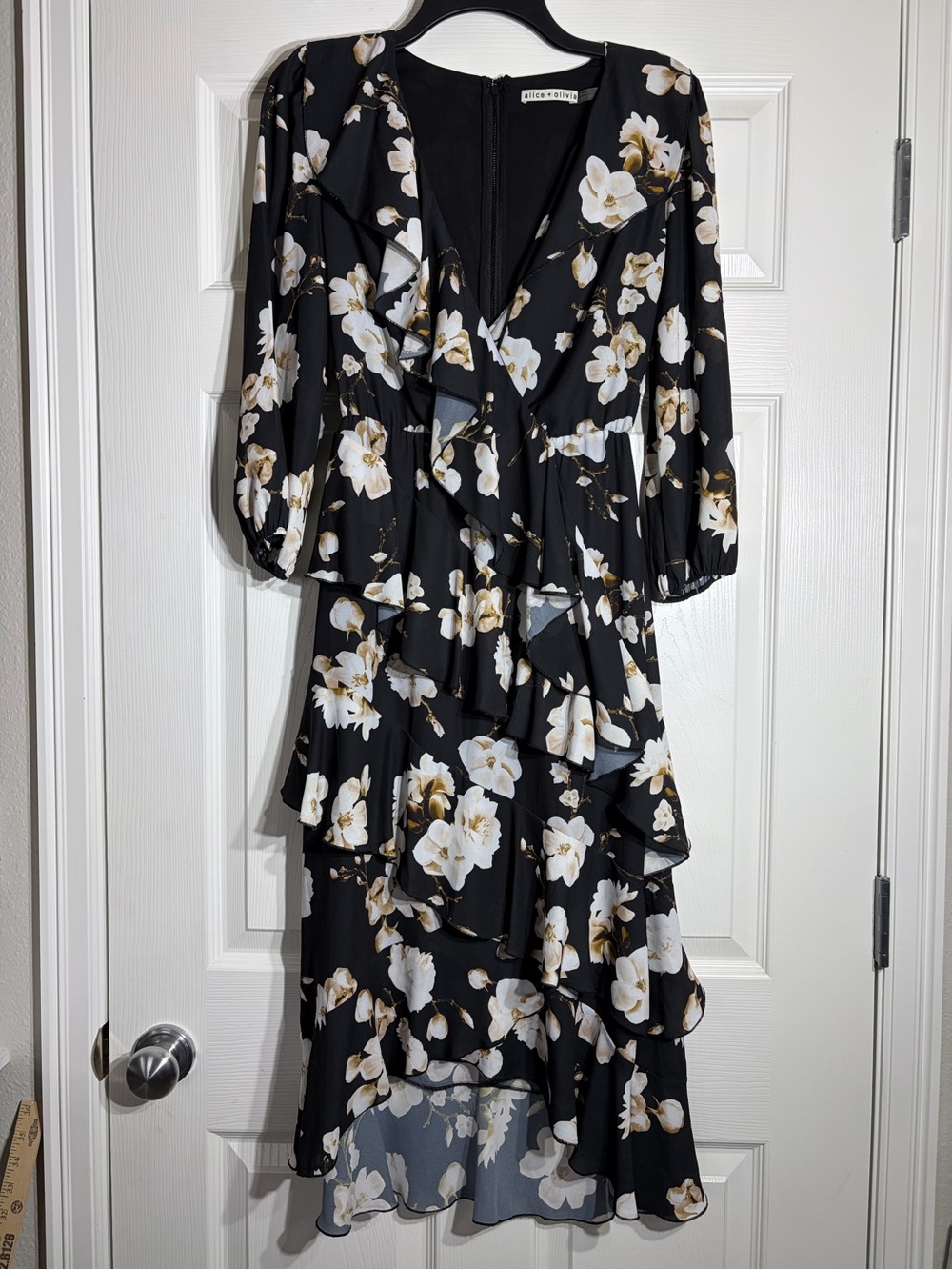 Alice + Olivia Black Floral High-Low Ruffle Dress